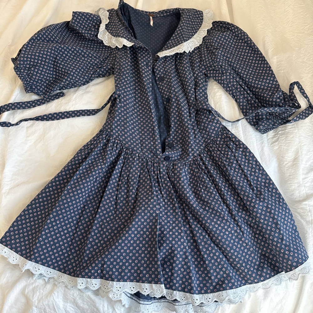Free People Blue Dress with White Floral Pattern
